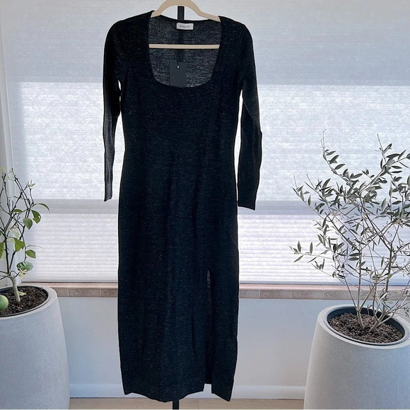 Naadam Square Neck Wool Linen Knit Midi Dress Heather Charcoal Grey Small NWT Naadam Square Neck Wool Linen Knit Midi Dress Heather Charcoal Grey Small NWT